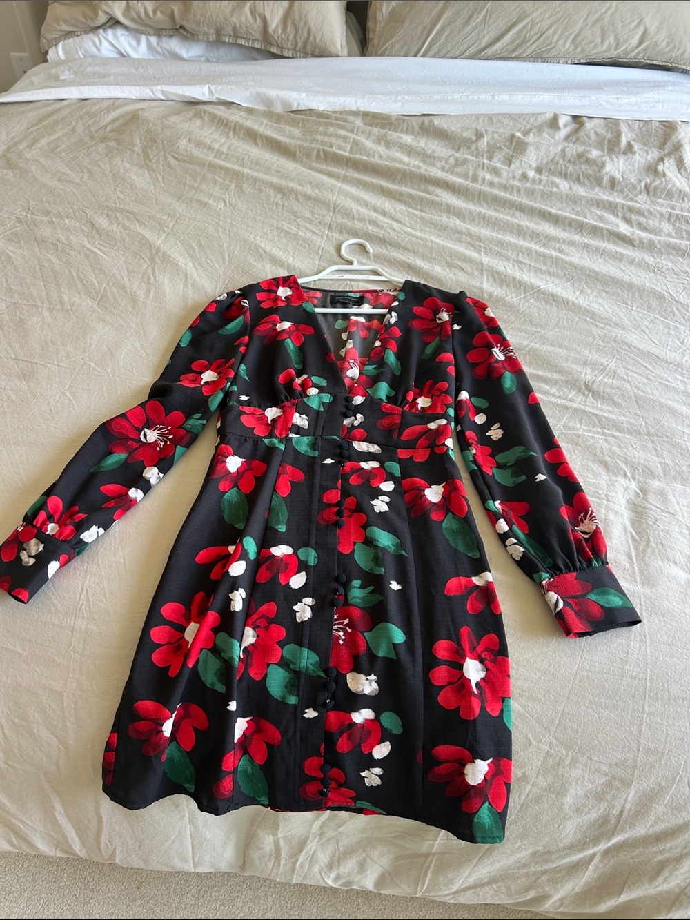 Urban Outfitters Black Floral Button-Front Mini Dress - Red, Green, White